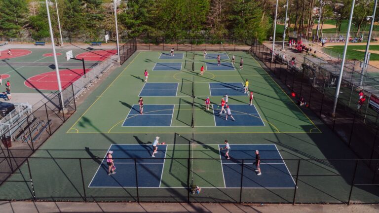 Pickleball court with painted lines and net